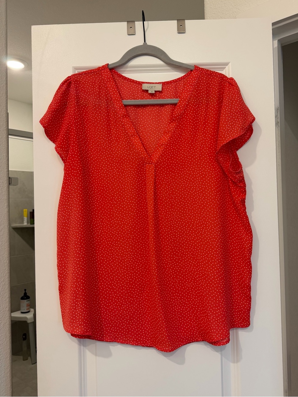 LOFT Red Dot V-Neck Flutter Sleeve Blouse